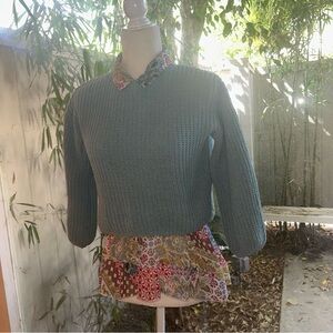 H&M Teal Sweater with Multicolor Patterned Collar